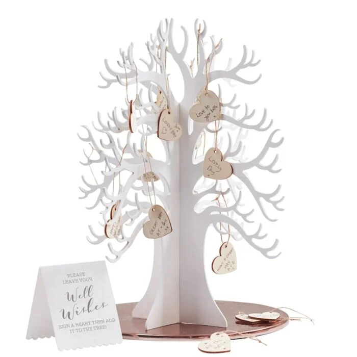 Guest Book Alternativo Albero In legno bianco Con Cuoricini in Legno Naturale Dediche invitati Matrimonio - immagine 2