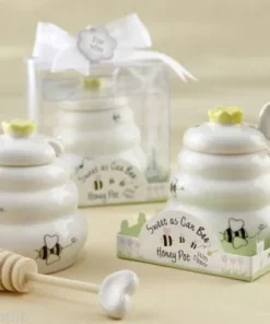 Barattolo In Porcellana Bianca Con Apette Porta Miele E Dosatore In Legno